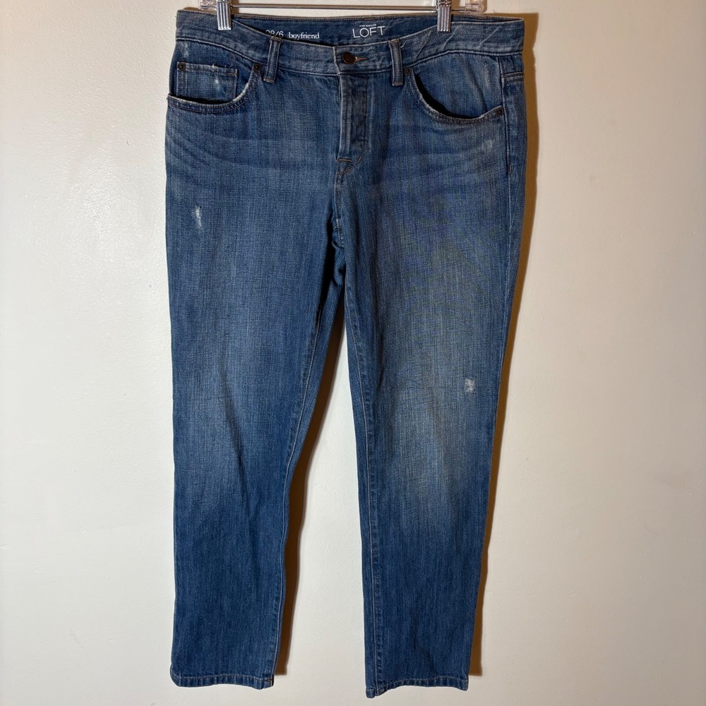LOFT Boyfriend Jeans Medium Wash Distressed Button Fly Women Size 28‎ 6